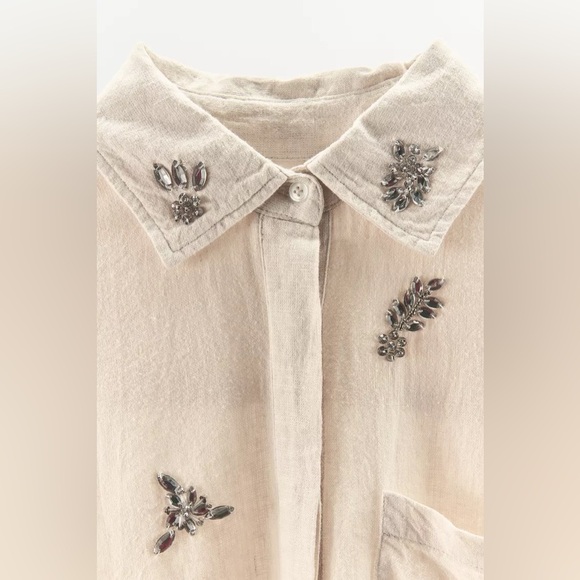 NWT ZARA JEWELED LINEN SHIRT - Picture 9 of 10